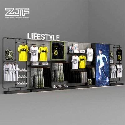 Sports store wooden clothes and shoes rack ideas